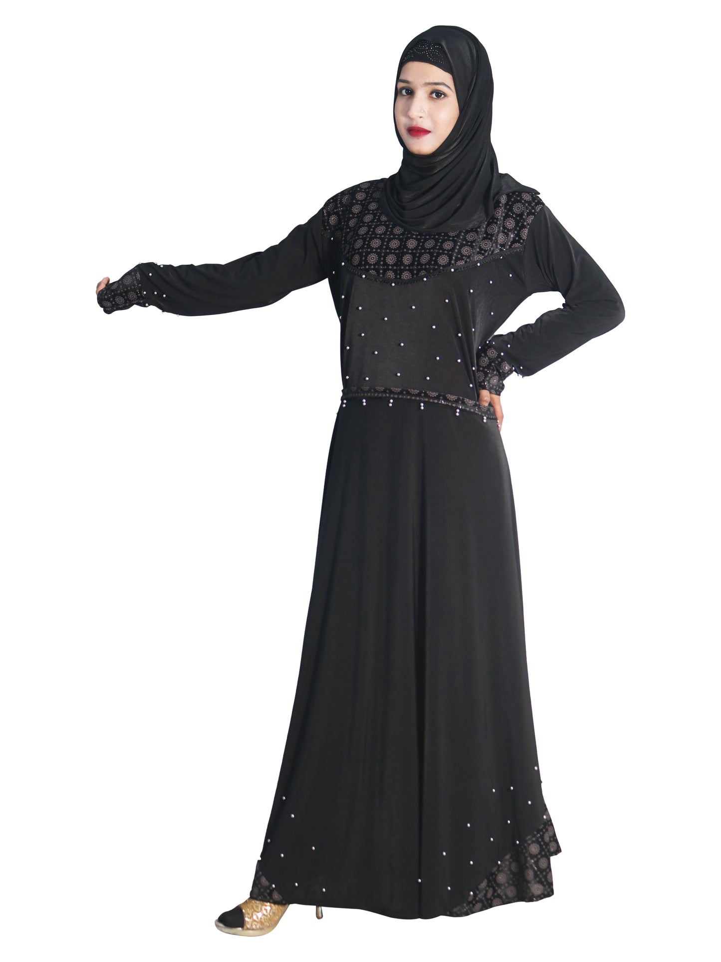 Beautiful Self Design Black Daman Moti Lycra Abaya With Hijab_0677
