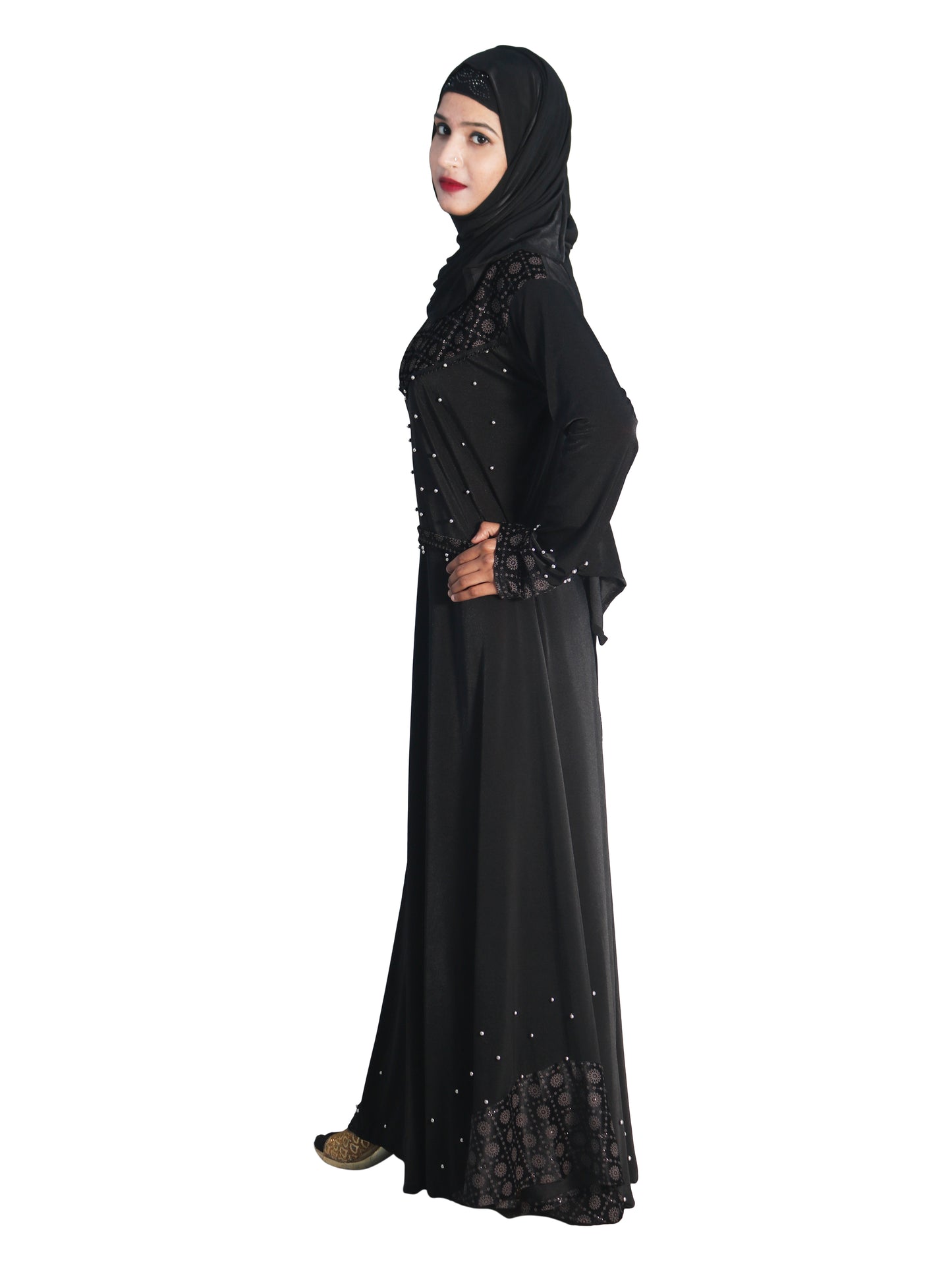 Beautiful Self Design Black Daman Moti Lycra Abaya With Hijab_0677