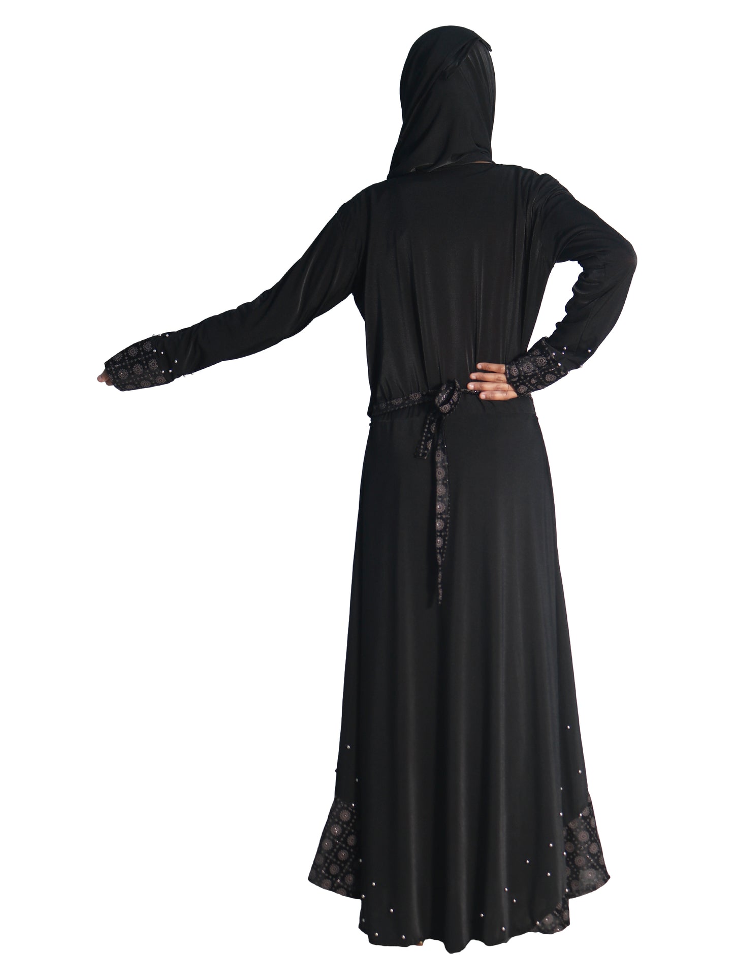 Beautiful Self Design Black Daman Moti Lycra Abaya With Hijab_0677