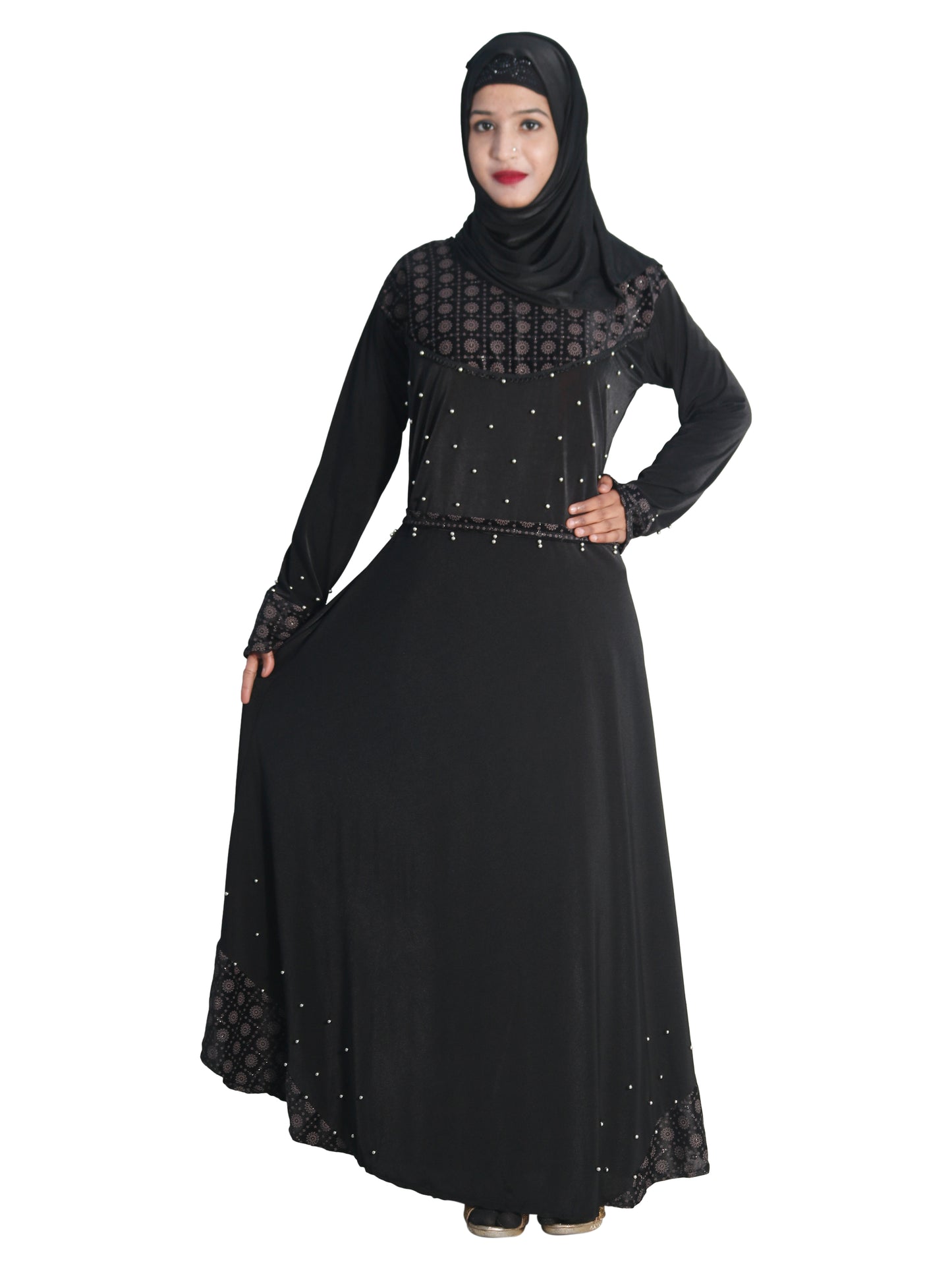 Beautiful Self Design Black Daman Moti Lycra Abaya With Hijab_0677