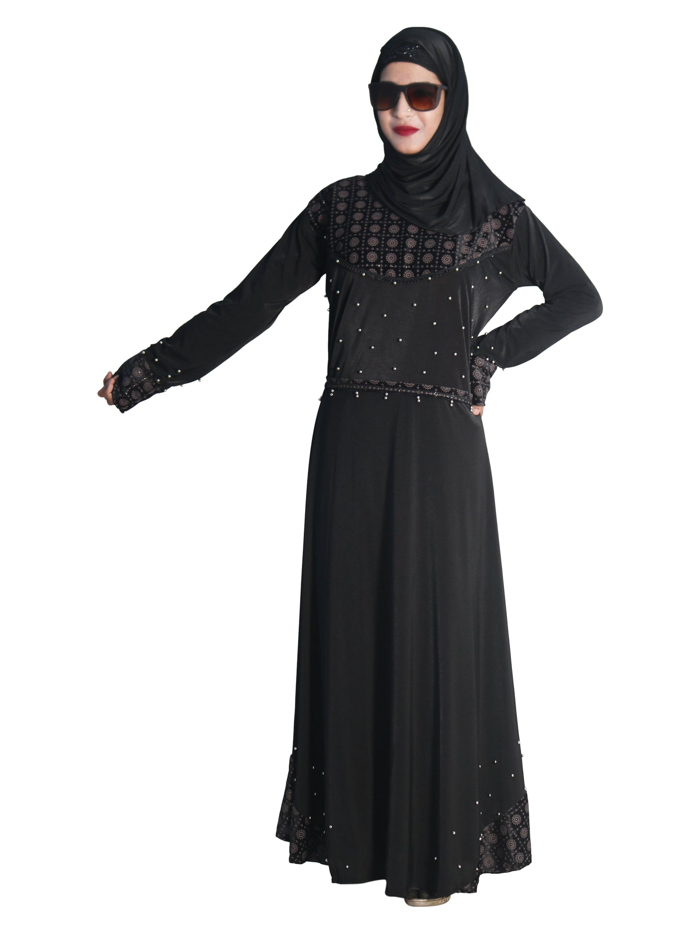 Beautiful Self Design Black Daman Moti Lycra Abaya With Hijab_0677