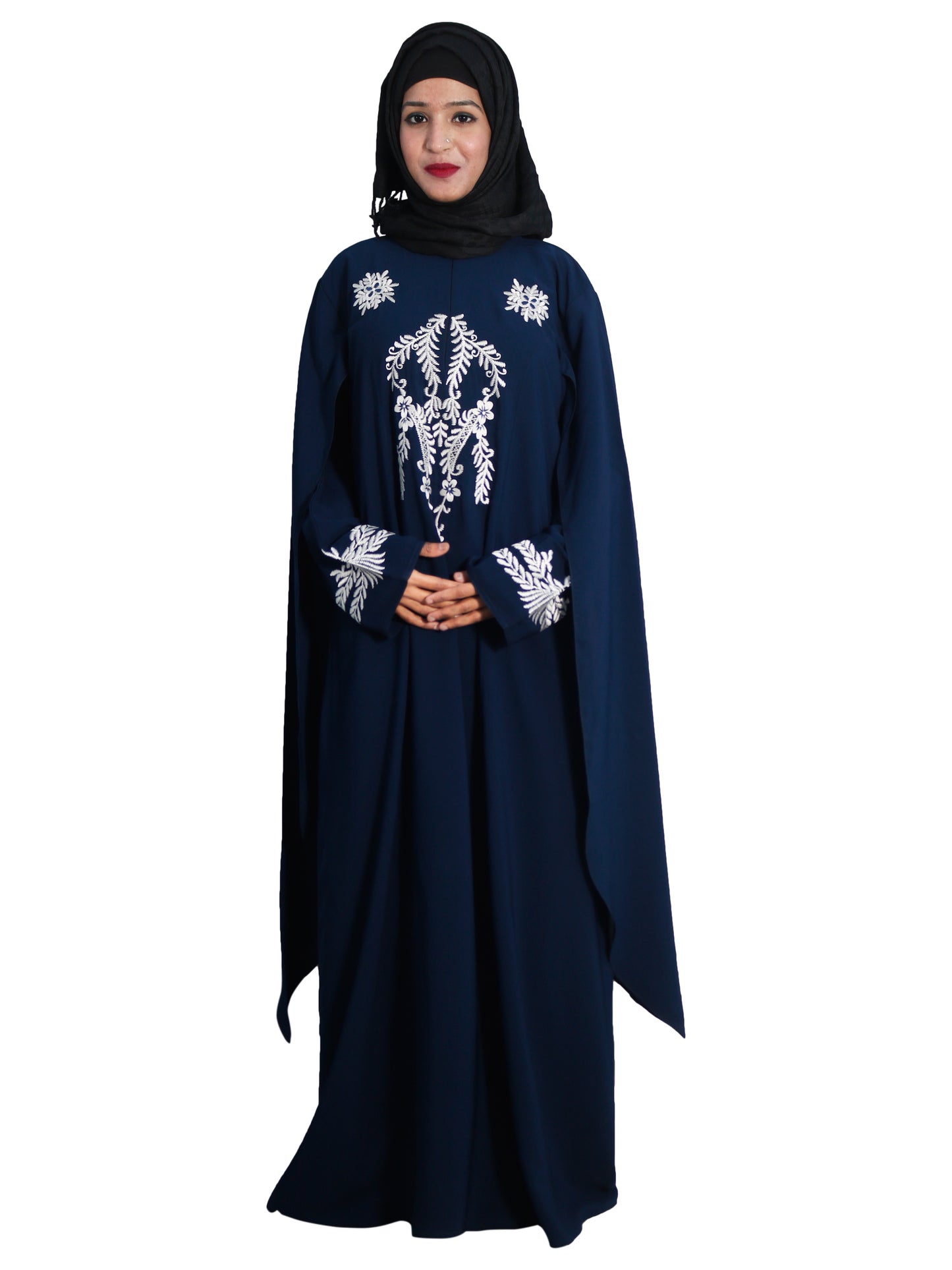 Beautiful Self Design Blue Embroidered Art Silk Abaya With Hijab_0608