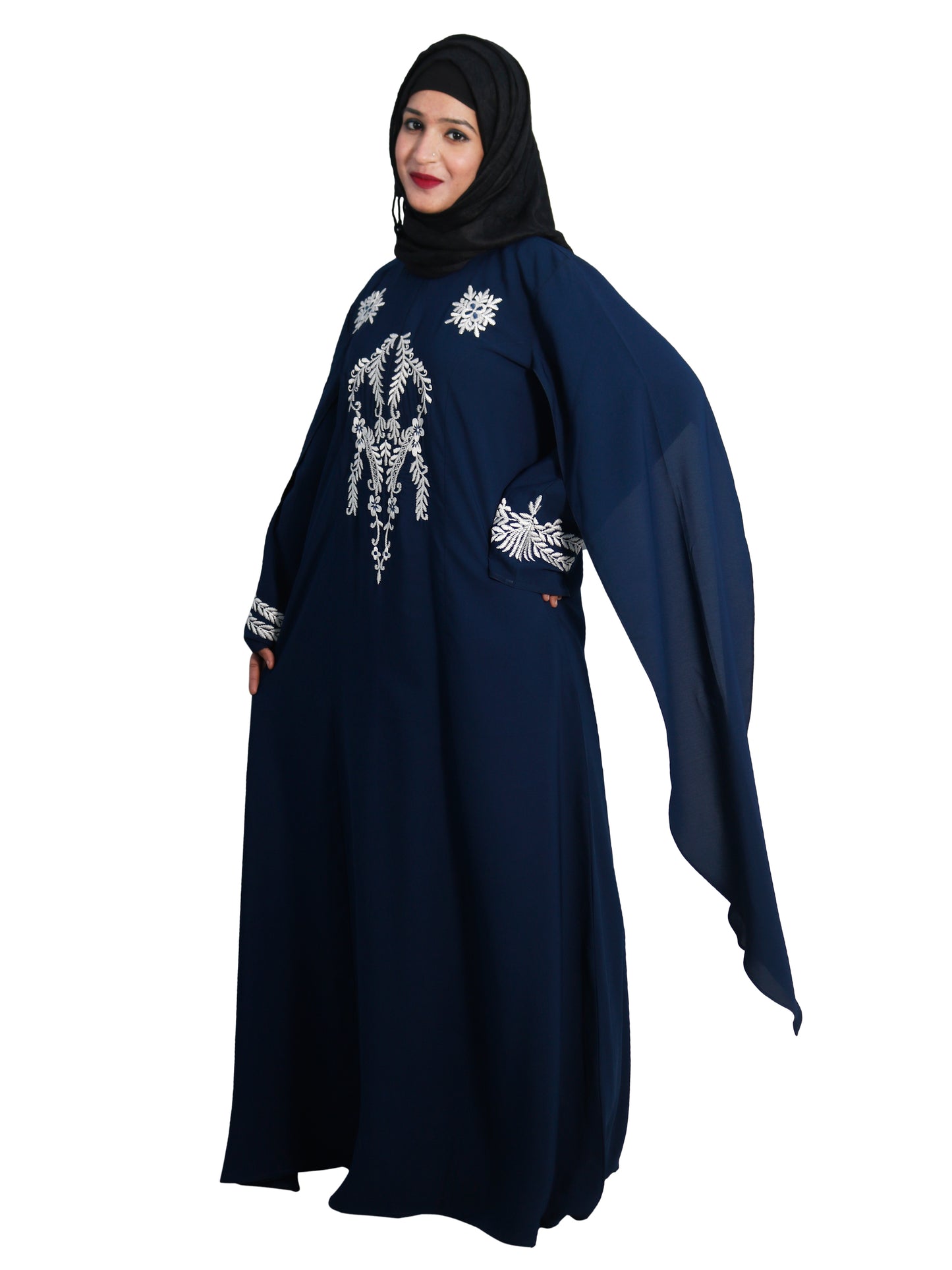 Beautiful Self Design Blue Embroidered Art Silk Abaya With Hijab_0608