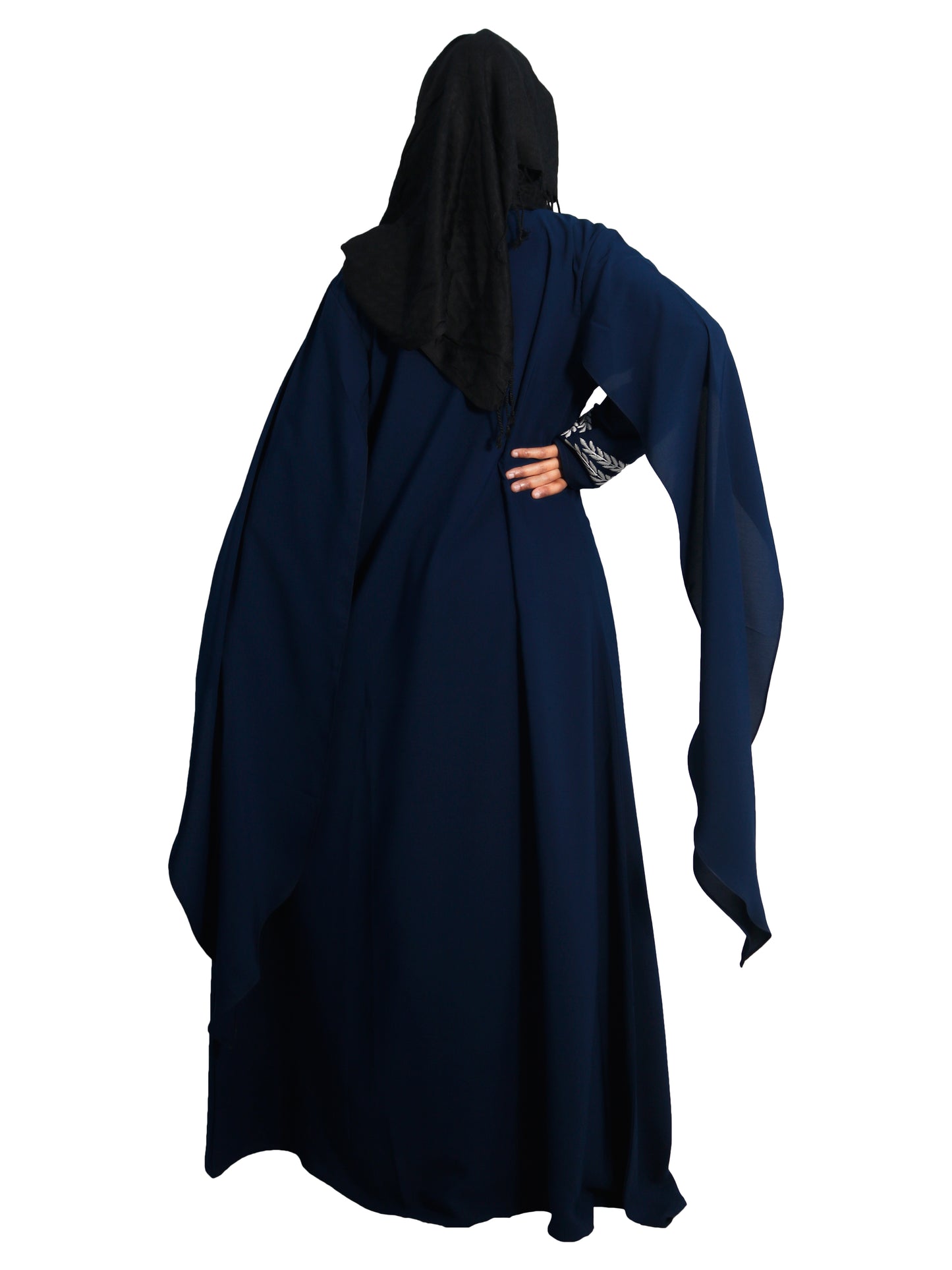 Beautiful Self Design Blue Embroidered Art Silk Abaya With Hijab_0608