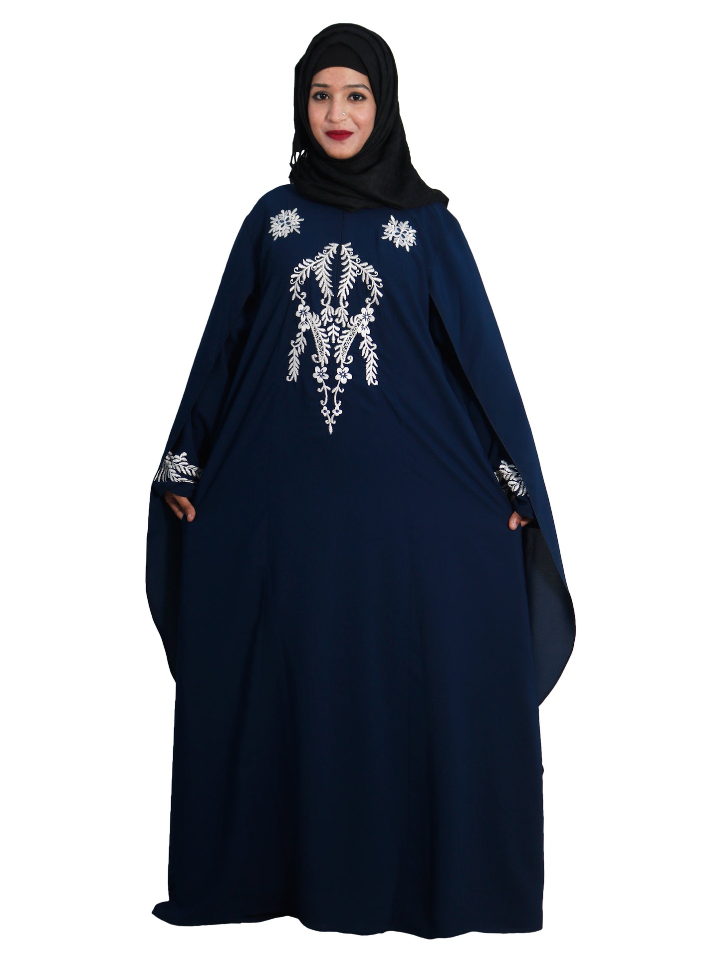 Beautiful Self Design Blue Embroidered Art Silk Abaya With Hijab_0608