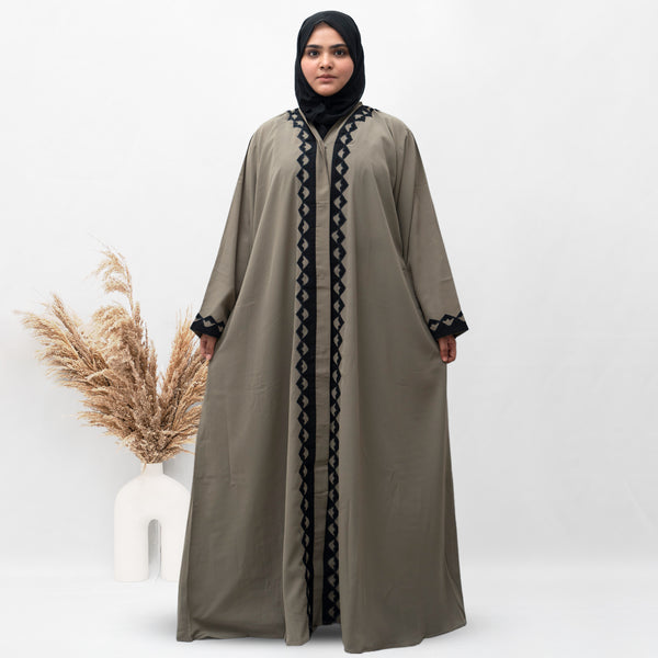A-Line Front Open Patch Work Abaya in Beige Color With Hijab (011)
