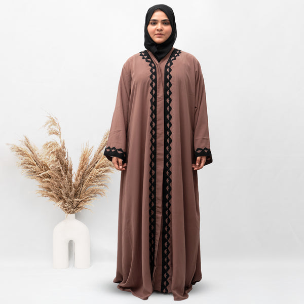 A-Line Front Open Patch Work Abaya in Brown Color With Hijab (012)