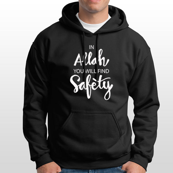 Islamic Hoodie  'In Allah You Will Find Safety' Printed Self Design Non-zipped with convenient kangaroo pockets Black Hoodie for Men/Women (HDBL003)