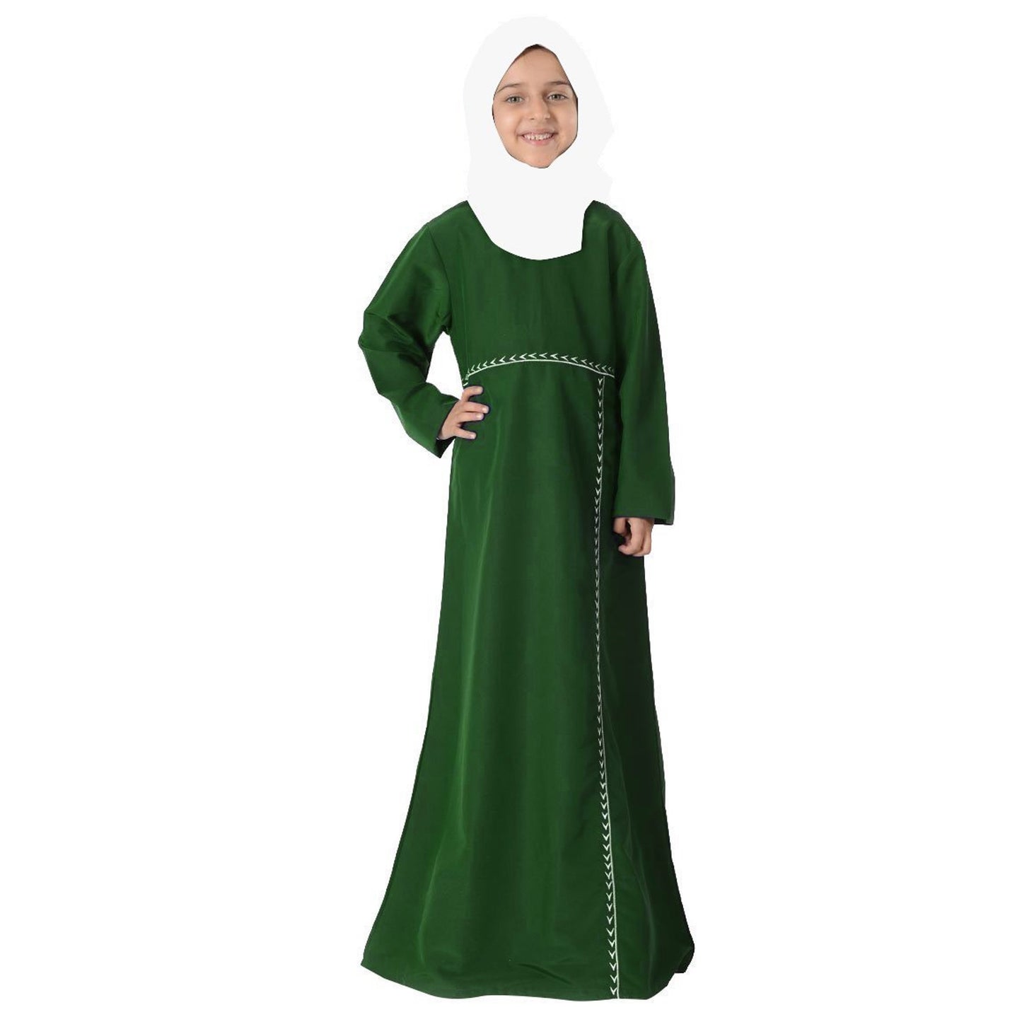 Beautiful Self Design Green Crepe Islamic Abaya for Kids_013