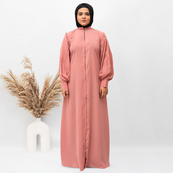 Front Open Zip Pintuck Sleeves Abaya in Pink Color With Hijab (015)