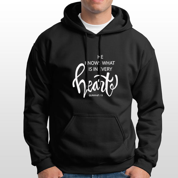 Islamic Hoodie  'He Knows what is in every heart' Printed Self Design Non-zipped with convenient kangaroo pockets Black Hoodie for Men/Women (HDBL015)