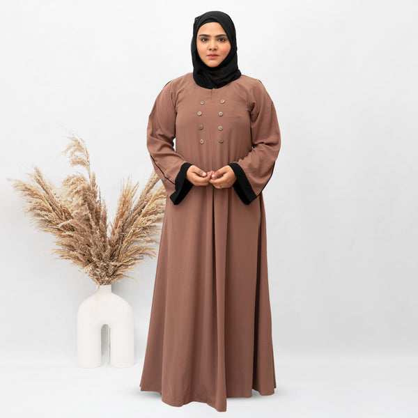 A-line Simple 8 Button Abaya in Brown Color With Hijab (016)