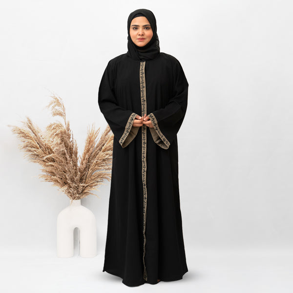 Front Open Patti & Cuff Embroidery Abaya in Black Color With Hijab (017)