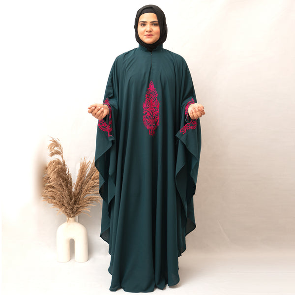 3 Boota Pink Embroidery Kaftan Abaya in Ramagreen Color With Hijab (019)