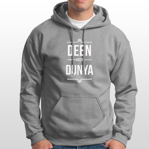Islamic Hoodie  'Deen Over Dunya' Printed Self Design Non-zipped with convenient kangaroo pockets Grey Hoodie for Men/Women (HDGR017)
