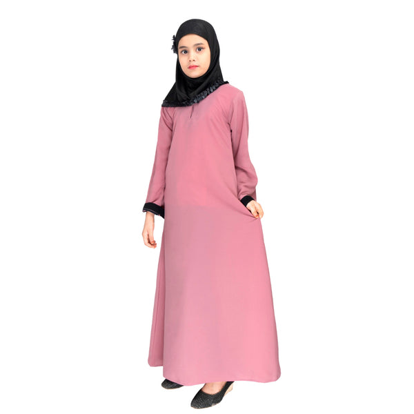 Beautiful Self Design Pink Crepe Islamic Abaya for Kids_001