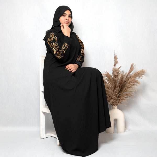 Full Sleeves Golden Embroidery Abaya in Black Color With Hijab (002)