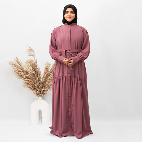 Front Open Chunat Abaya With Belt in Pink Color With Hijab (020)