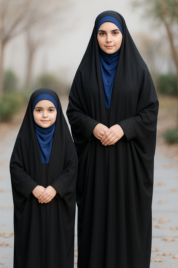 Mother and Daughter Matching Irani or Iraqi Chadar or Abaya Nida Plain Black Lace Sleeves