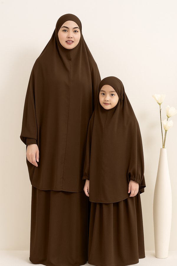 Mother and Daughter Matching Knee Length Jilbab Abaya with Skirt Coffee Brown with Noise PC