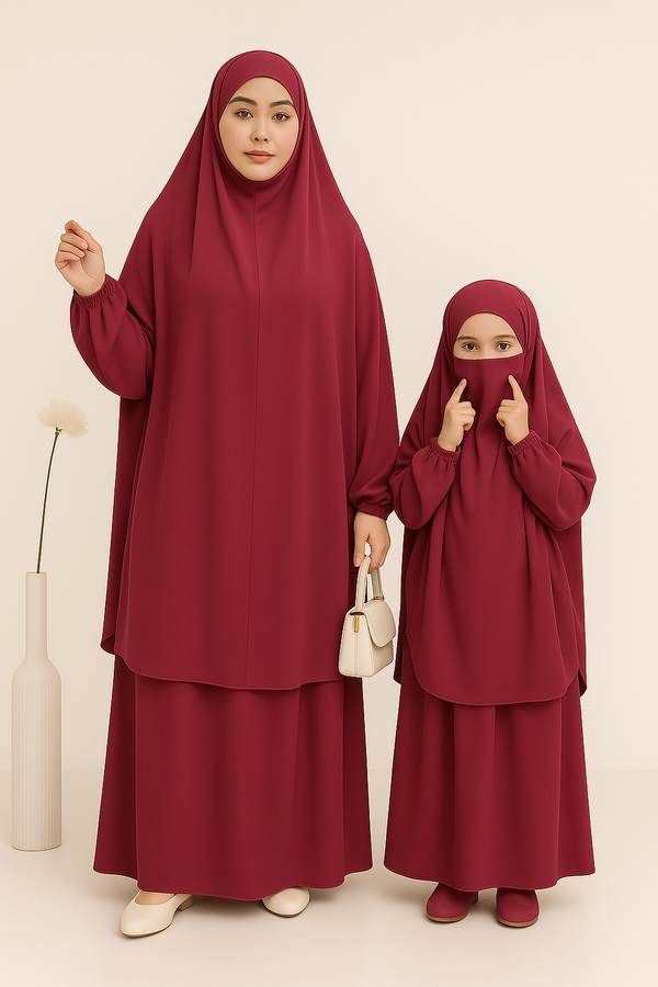 Mother and Daughter Matching Knee Length Jilbab Abaya with Skirt Maroon with Noise PC