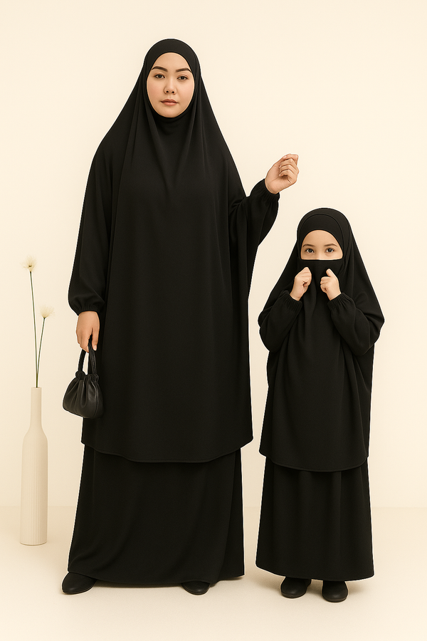 Mother and Daughter Matching Knee Length Jilbab Abaya Black with Noise PC