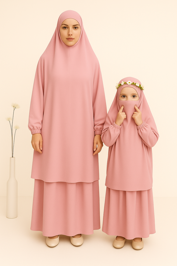 Mother and Daughter Matching Knee Length Jilbab Abaya with Light Pink with Noise PC
