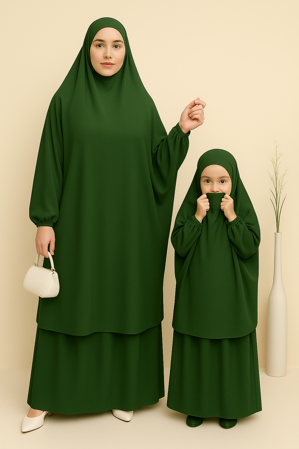Mother and Daughter Matching Knee Length Jilbab Abaya with Olive Green with Noise PC