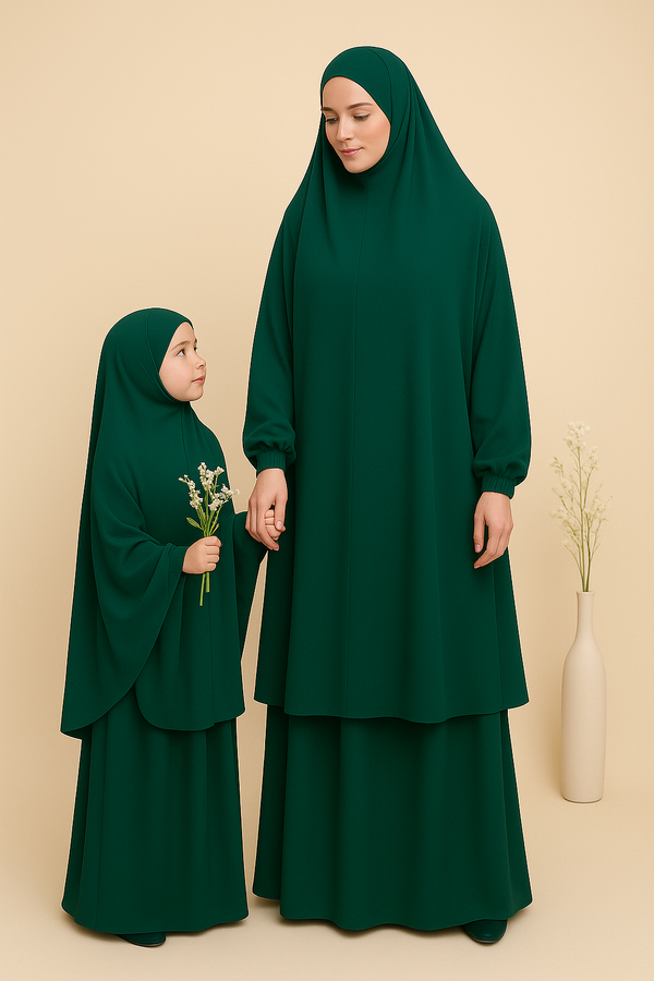 Mother and Daughter Matching Knee Length Jilbab Abaya with Bottle Green with Noise PC