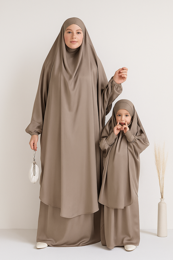 Mother and Daughter Matching Knee Length Jilbab Abaya with Skirt Dark Beige with Noise PC