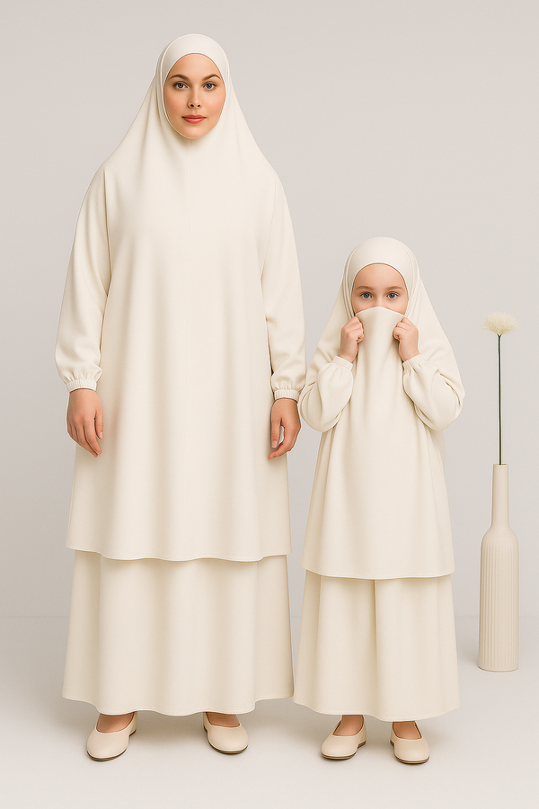 Mother and Daughter Matching Knee Length Jilbab Abaya with Skirt Off White with Noise Pc