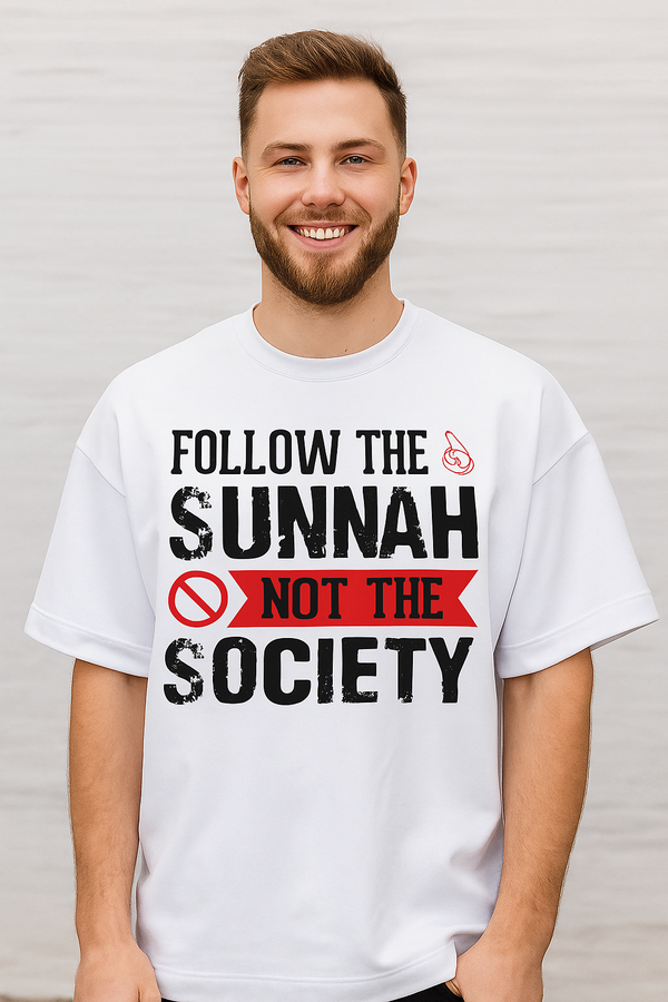 “Follow the Sunnah Not Society Oversized T-Shirt. Premium Terry Cotton Islamic streetwear. Drop shoulder tee for men & women in 5 colors.”