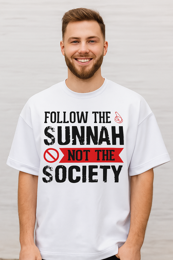 “Follow the Sunnah Not Society Oversized T-Shirt. Premium Terry Cotton Islamic streetwear. Drop shoulder tee for men & women in 5 colors.”