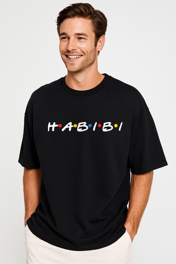 HABIBI | Terry Cotton Drop Shoulder Oversized Black Tee | Islamic Urdu Arabic T-Shirt