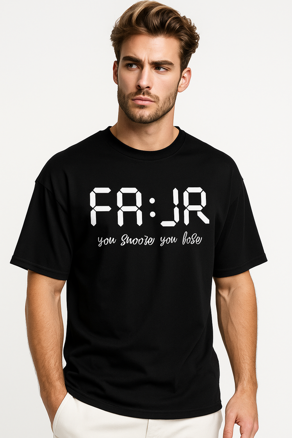 FA:JR (fajr)“You Snooze You Lose”| Terry Cotton Drop Shoulder Oversized Black Tee | Islamic Urdu Arabic T-Shirt