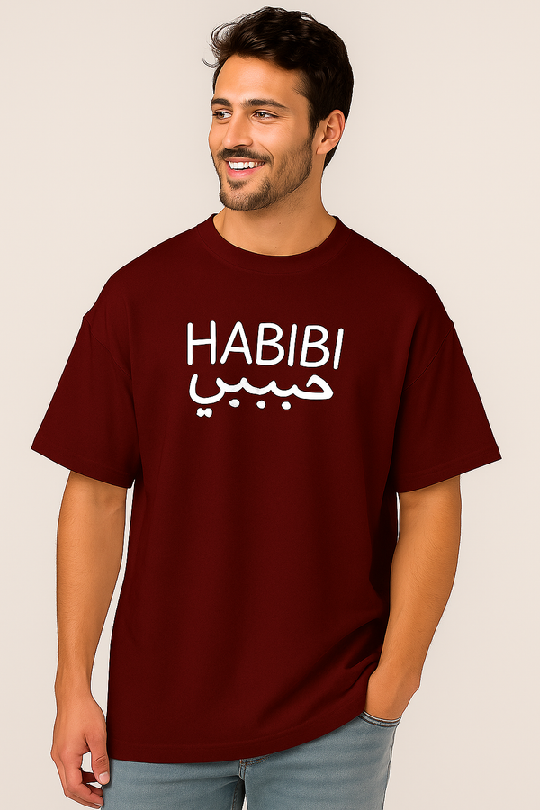 HABIBI حبيبي | Terry Cotton Drop Shoulder Oversized Maroon Tee | Islamic Urdu Arabic T-Shirt