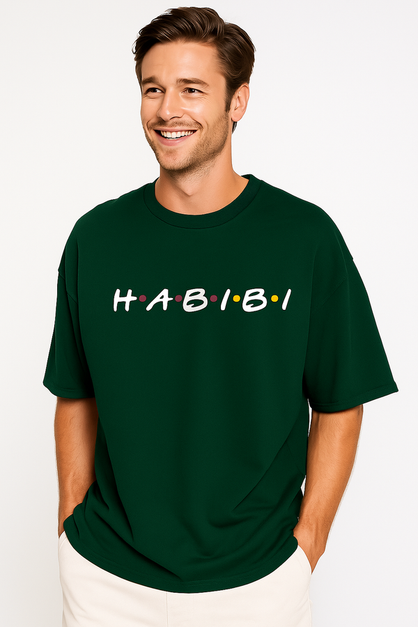 HABIBI | Terry Cotton Drop Shoulder Oversized Dark Green Tee | Islamic Urdu Arabic T-Shirt