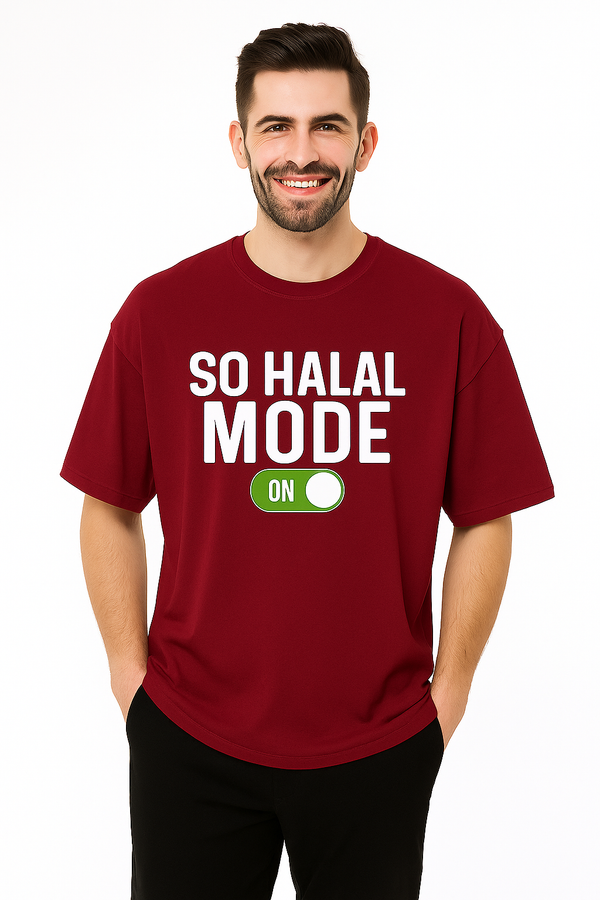 SO HALAL MODE ON | Terry Cotton Drop Shoulder Oversized Maroon Tee | Islamic Urdu Arabic T-Shirt