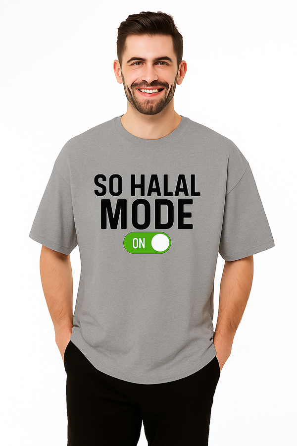 SO HALAL MODE ON | Terry Cotton Drop Shoulder Oversized Grey Tee | Islamic Urdu Arabic T-Shirt