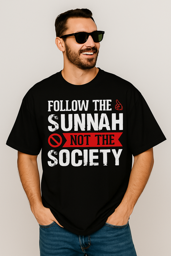 Follow the Sunnah Not Society  | Terry Cotton Drop Shoulder Oversized Black Tee | Islamic Urdu Arabic T-Shirt