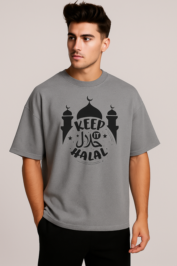Keep it Halal “حلال” | Terry Cotton Drop Shoulder Oversized Grey Tee | Islamic Urdu Arabic T-Shirt