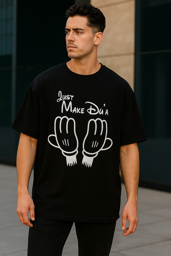 Just Make Du’a “دُعا” Prayer Hands | Terry Cotton Drop Shoulder Oversized Black Tee | Islamic Urdu Arabic T-Shirt