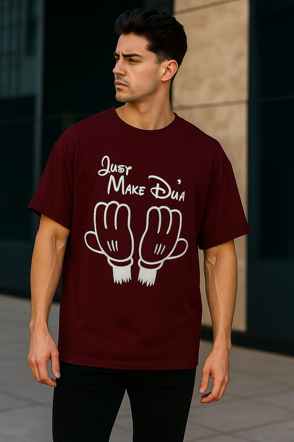 Just Make Du’a “دُعا” Prayer Hands | Terry Cotton Drop Shoulder Oversized Maroon Tee | Islamic Urdu Arabic T-Shirt