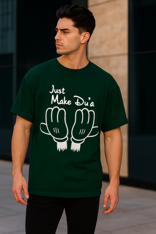 Just Make Du’a “دُعا” Prayer Hands | Terry Cotton Drop Shoulder Oversized Dark Green Tee | Islamic Urdu Arabic T-Shirt