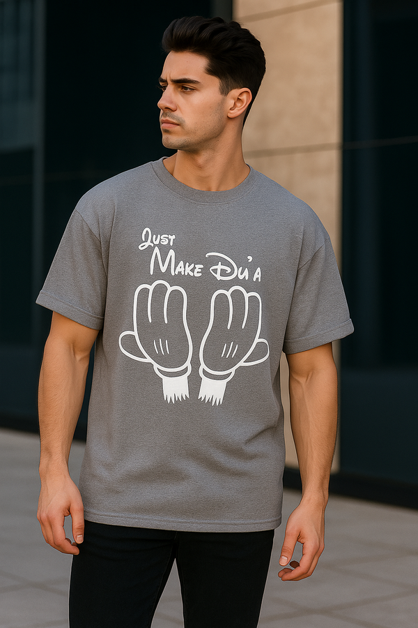 Just Make Du’a “دُعا” Prayer Hands | Terry Cotton Drop Shoulder Oversized Grey Tee | Islamic Urdu Arabic T-Shirt