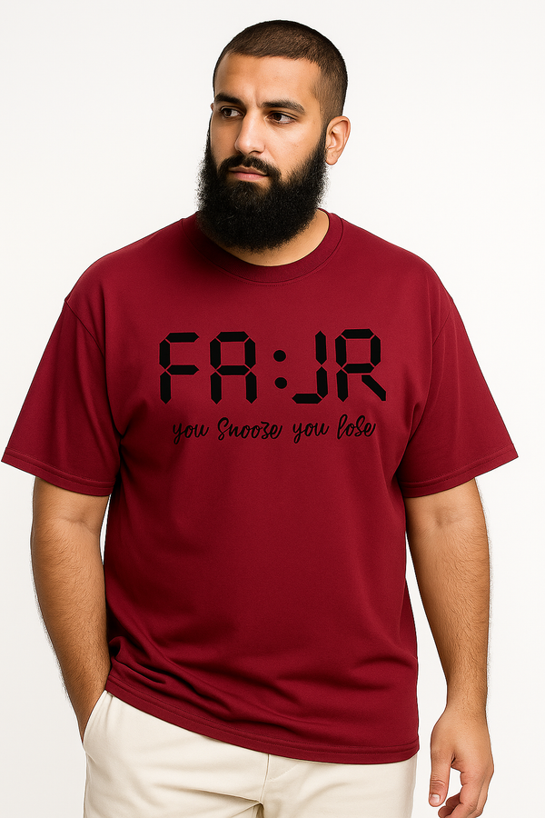 FA:JR (fajr)“You Snooze You Lose”| Terry Cotton Drop Shoulder Oversized Maroon Tee | Islamic Urdu Arabic T-Shirt