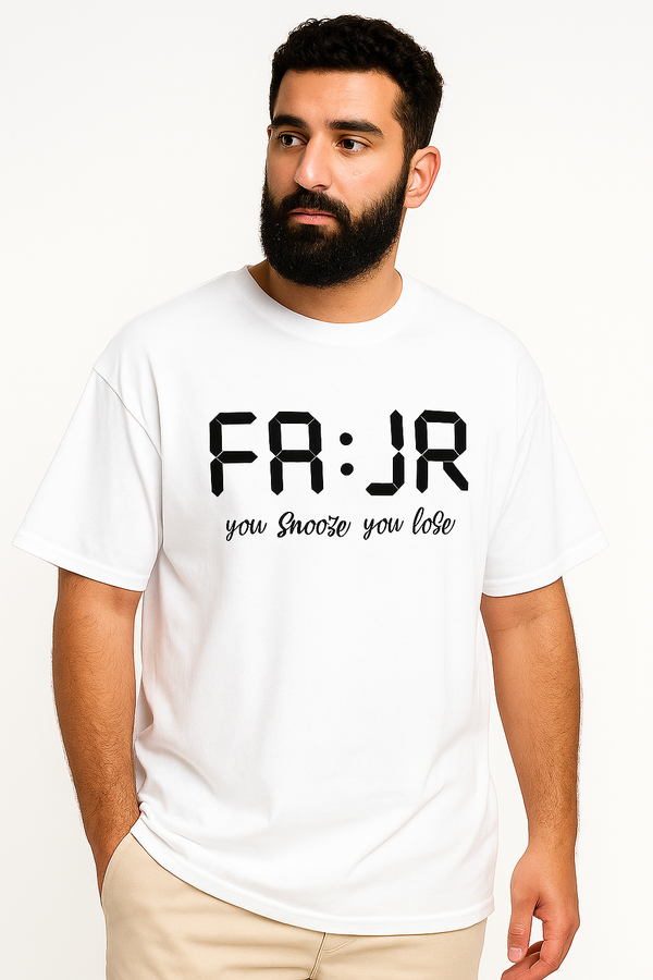 FA:JR (fajr)“You Snooze You Lose”| Terry Cotton Drop Shoulder Oversized White Tee | Islamic Urdu Arabic T-Shirt