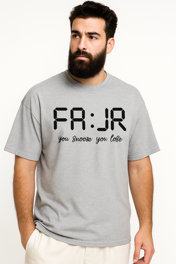 FA:JR (fajr)“You Snooze You Lose”| Terry Cotton Drop Shoulder Oversized Grey Tee | Islamic Urdu Arabic T-Shirt