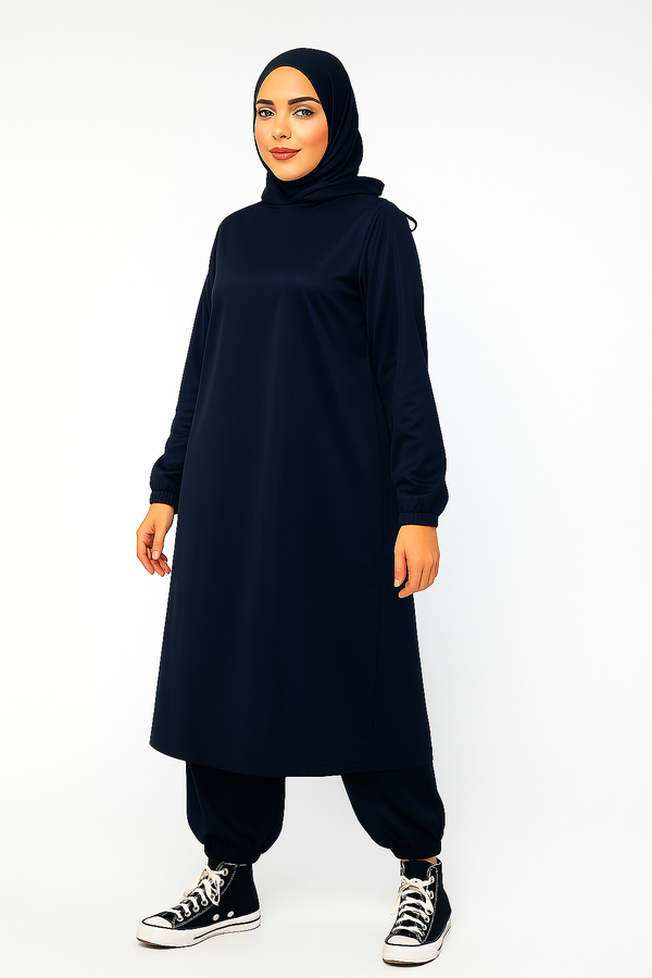 Modest Hoodie Gym Abaya with Matching Loose Fit Trouser | Activewear Navy Blue Nida Fabric Abaya for Women