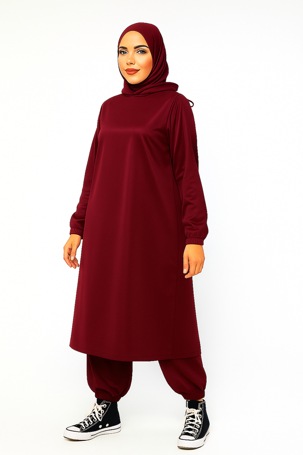 Modest Hoodie Gym Abaya with Matching Loose Fit Trouser | Activewear Maroon Nida Fabric Abaya for Women